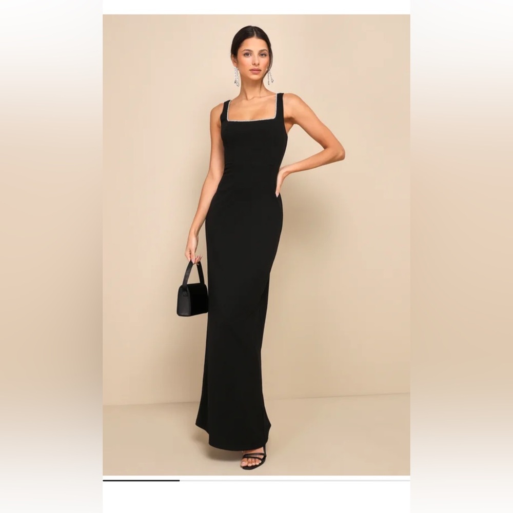 Elegant Black Maxi Dress LULUS with rhinestone on trim!
